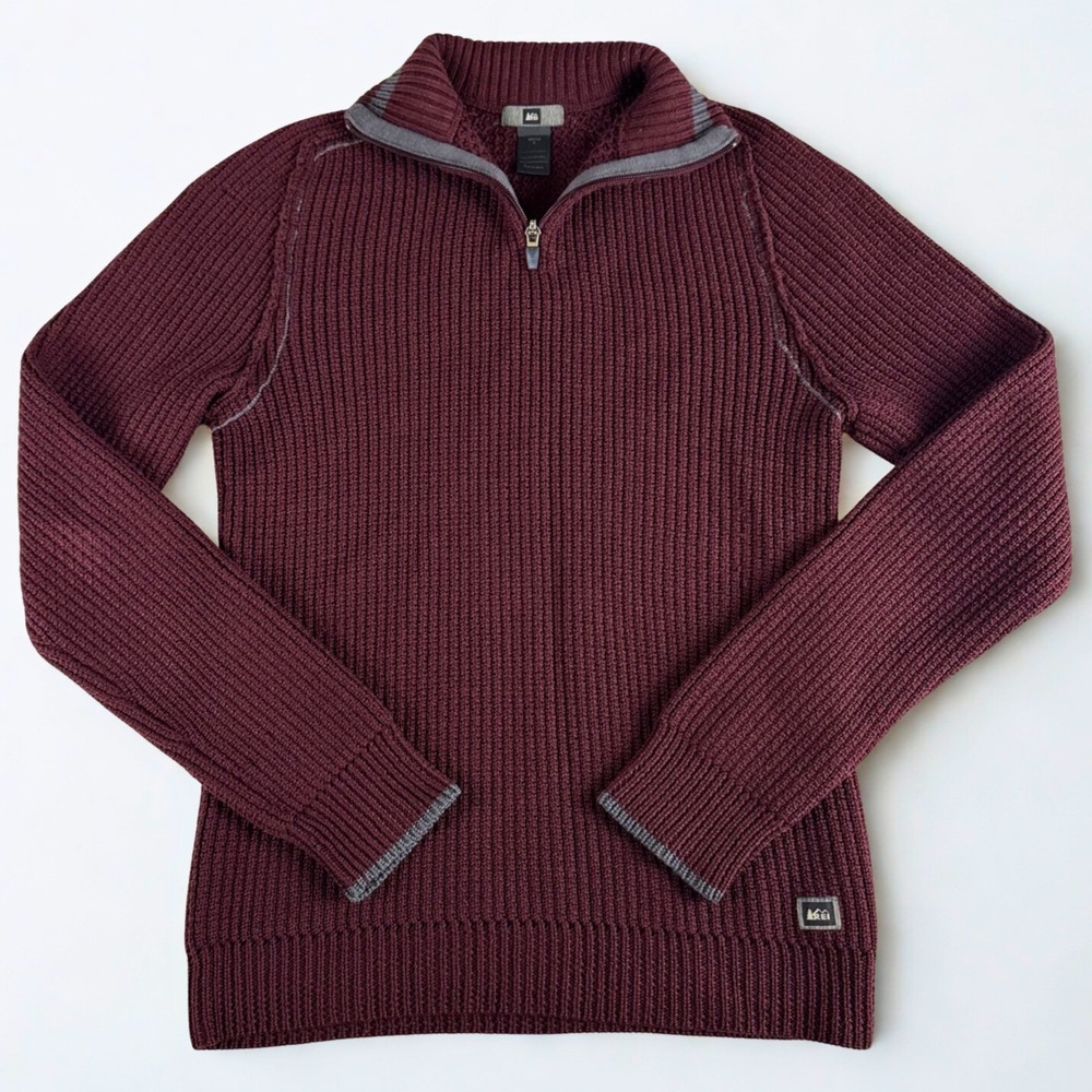 REI Merino Wool‎ 1/4 Zip Knit Sweater Mens S Burgundy Outdoor Pullover Casual